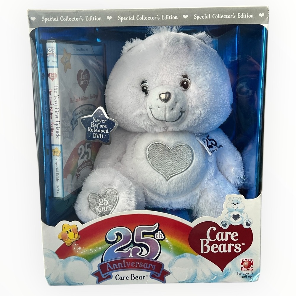Care Bears 25th Anniversary Collector Bear Plush Swarovski Crystal Eyes NIB DVD